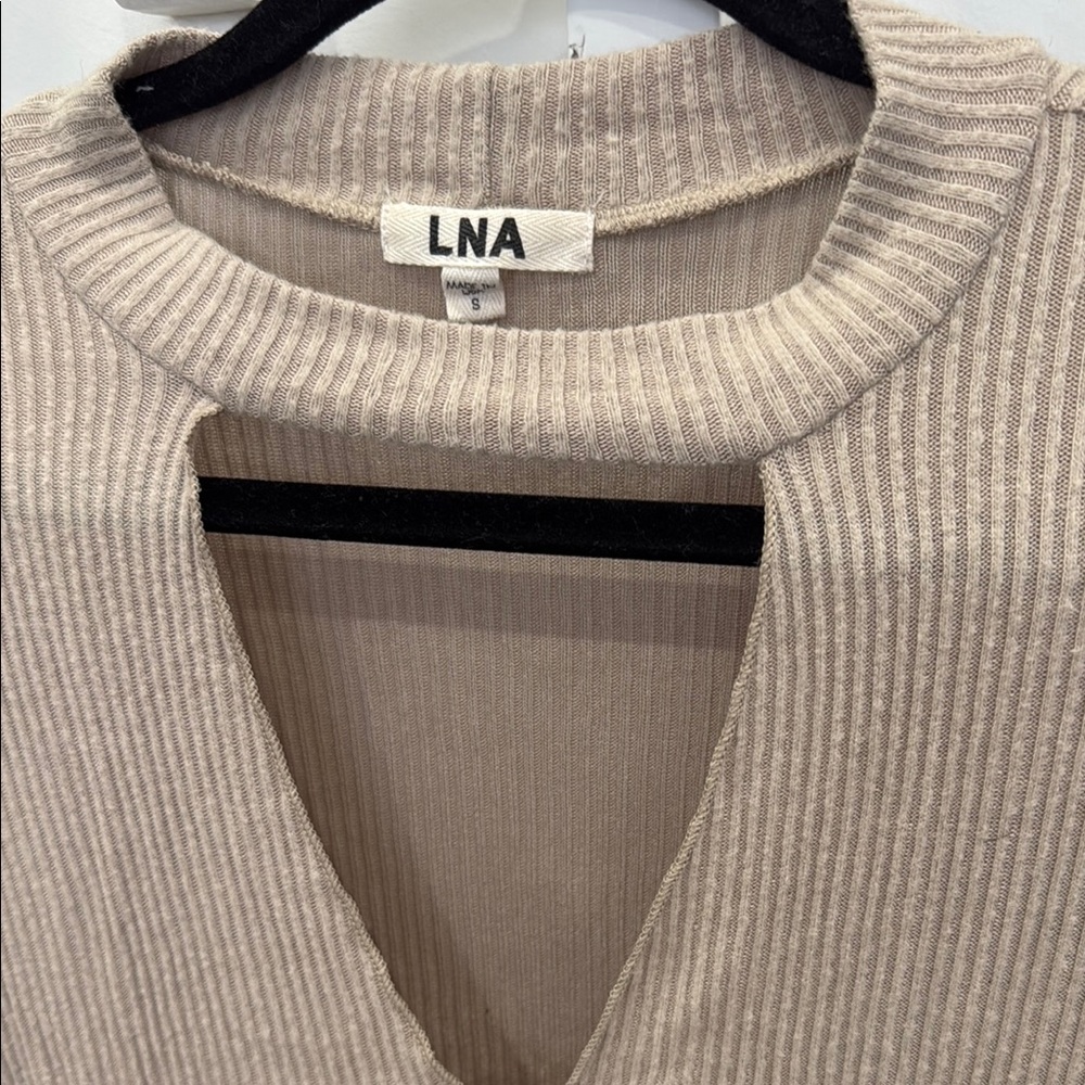LNA Revolve Bardot Long Sleeve Tee with Keyhole Choker Neck in Oat - Picture 4 of 8